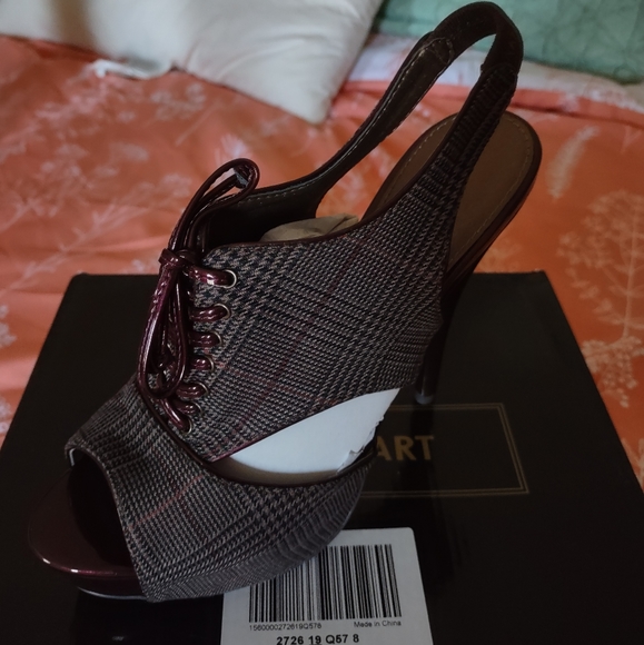 Colin Stuart VS Burgundy Plaid Slingback Peep Toe Heels - Picture 10 of 10